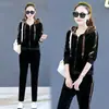 Tamanho Grande Terno Feminino Outono e Inverno Novo Moda Casual Coreano Veludo Roupas Esportivas Blusa de Moletom com Capuz Solta Calça Conjunto de Duas Peças