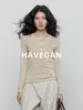 Yu Jian HAVEGAN / Camiseta de Punto Manga Larga Cuello Henley Otoño Mezcla de Lana Elástica Estilo Old Money Perezoso para Mujer