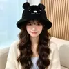 Sombrero de Cubo de Felpa de Conejo con Orejas de Oso Estilo Coreano para Otoño e Invierno para Mujer, Moderno y Versátil, Adelgazante, Estilo Universitario, Sombrero Cloche Cálido