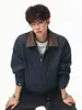 Jaqueta Hanlu Trendy masculina em cor blocada texturizada de jeans sintético, estilo outono vintage old money, silhueta curta e larga