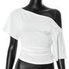 Camiseta informal de verano 2025 para mujer europea y americana, de color liso, con hombros descubiertos, manga corta y cintura ajustada, a la moda