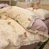 Conjunto de cama de quatro peças em tecido escovado, 100% algodão, espessado, incluindo um lençol com elástico de algodão puro, uma fronha decorativa e um conjunto de três peças para quartos de dormitório, adequado para outono e inverno