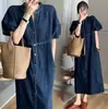 Novo Vestido Jeans Casual de Manga Curta Retrô Francês de Comprimento Médio para Mulheres Verão Cintura Fina Estilosa Saia