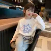 Camiseta de manga larga de algodón puro con estampado de dibujos animados, estilo suelto, versátil y elegante para niñas mayores, para primavera y otoño