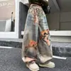 Pantalones Vaqueros de Pierna Ancha con Estampado de Oso Retro para Niñas, Nuevo Estilo Primavera y Otoño, Pantalones Largos Sueltos de Cintura Alta con Diseño Adelgazante