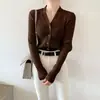 Suéter de Punto para Primavera y Otoño, Cárdigan Rayado de Color Sólido para Mujer, Top Delgado de Manga Larga con Cuello en V Ajustado, Chaqueta Suéter de Estilo Casual