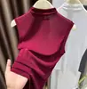 Camiseta sin mangas de malla estilo coreano con cuello semi-alto para mujer, camiseta base de malla elástica ajustada, top de color liso para usar debajo de un traje