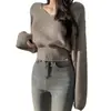 Suéter de punto retro chic coreano para otoño, con cuello en V, botones en la cintura, adelgazante y de manga larga para mujer