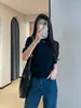 Blusa de Tricô Premium Marca C Fio Alto Algodão Puro Amiga da Pele Soltinha Modeladora Elegante Gola Redonda Manga Curta para Mulheres 093