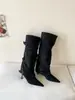 Botas de cano alto até o joelho com fivela de cinto de salto alto e bico fino, botas de cavaleiro estilo street hot girl