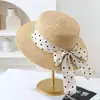 Chapéu de Palha com Aba Plana, Estampa de Bolinhas, Cadarço com Laço de Fita, Chapéu de Sol para Mulheres, Férias de Verão na Praia, Proteção Solar, Chapéu de Praia