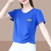 2026 Nueva Camiseta de Manga Corta con Cuello en V Estilo Comercio Exterior para Mujer, Holgada Talla Grande, Adelgazante, Cubre Vientre Top de Media Manga