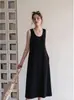 Vestido camisola de tricô U-neck super bonito de alta qualidade para mulheres, verão, drapeado, roupa íntima, camada base, regata, vestido longo
