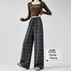 Pantalones de pierna ancha a cuadros retro americanos para mujer, nuevo estilo de otoño, de cintura alta, adelgazantes, suaves y lisos, de pierna recta, pantalones casuales holgados y con caída
