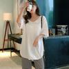 Camiseta de manga corta de estilo coreano de verano de algodón y lino, cuello redondo, suelta, color sólido, camisa de largo medio con abertura, camiseta para mujer, talla grande, talla M