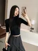 Camiseta de manga tres cuartos, cuello medio alto, corte ajustado, color negro, elegante, de longitud corta, para llevar como capa interior, de manga media, para ir al trabajo, para mujer