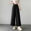 Foto real de calças largas de algodão lavado com bainha dobrada para o verão de 2026 para mulheres, calças cropped largas retas casuais soltas de seda gelada de cintura alta