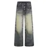 Jeans Americano Retrô Amarelo Tingido com Lama de Perna Larga para Homens Nostálgicos Desgastados Amarelados Desbotados Branco Usado Caimento Grande Perna Calça de Perna Reta