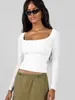 Amazon Blusas Femininas Sexy Tricô Camiseta Canelada Sexy Decote U Camisa Manga Longa Y2K Roupa Íntima Camiseta Justa para Mulheres