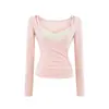 Conjunto de Duas Peças Estilo Puramente Sexy com Decote em V Profundo e Manga Longa com Camisola de Renda + Top Curto Pulôver Acinturado