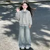Elegante Blusa de Manga Longa Falsa Duas Peças Jeans da Moda com Estrela de Cinco Pontas Conjunto Fino de Duas Peças para Meninas Primavera e Outono