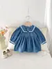 Vestido Feminino Estilo Coreano Azul Marinho Gola Bordada Saia Jeans Outono 2026 Novo Estiloso Vestido Princesa Roupa Infantil