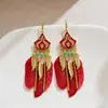 Pendientes Largos con Borlas y Plumas Estilo Retro Bohemio de Verano Estilo Étnico para Resort de Playa