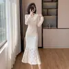 Vestido de Cola de Pescado de Encaje Peludo de Manga Larga con Cuello en V, Elegante, de Alta Gama, con Estilo, Retro, Vestido Largo de Noche