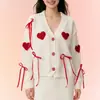 Cardigan de Punto de Otoño e Invierno Estilo Coreano Nuevo Corazón Estéreo Lazo Cinta Holgado Perezoso Versátil Suéter de Cuello V para Mujer