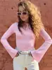 Ins Moda Europea y Americana Top de Canalé Manga de Campana Cuello Redondo Básico Ajustado Sexy Sexy Camiseta de Manga Larga para Mujer para Usar Afuera