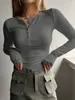 Nueva camiseta de manga larga para mujer estilo europeo y americano de Amazon, color liso, corte ajustado, con botones y diseño de punto acanalado