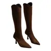 Botas Femininas Sexy de Cano Alto Esticáveis com Salto Alto Skinny, Estilo Novo Outono/Inverno 2026, Bico Fino Francês, Salto Fino