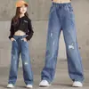 Calça jeans wide leg para meninas Primavera e Outono 2023 nova vestuário infantil atacado rede popular tendência calças para crianças grandes e pequenas calças retas
