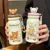 Taza aislante con forma de oso lindo, acero inoxidable 316, compartimento aislado para té, vaso con pajilla, gran capacidad, portátil, con correa para colgar, venta al por mayor