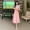 Nuevo Estilo Verano 2025 Pequeño Fresco y Dulce Vestido de Longitud Media con Volantes Cuello de Muñeca Mangas Cortas Floral en la Cintura para Mujeres Delgado