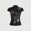 Comercio exterior modernizado top cheongsam estilo chino, nuevo estilo chino abotonado estampado de tigre y floral ajuste ceñido camiseta negra de manga corta