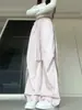 Pantalones de Paracaídas de Secado Rápido Color Rosa Claro Estilo Retro Americano con Paneles Laterales, Cintura Elástica, Corte Holgado, Pierna Ancha tipo Cargo para Mujer