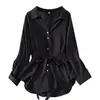 Nova Blusa Feminina de Primavera Plus Size com Design Único, Gola V, Azul, Afina a Cintura, Manga Longa de Chiffon