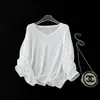 ¡Mismo estilo que el original! Camiseta de manga larga con cuello en V, ajuste relajado, estilo retro, raya marinera/color liso, mezcla de seda y algodón, novedad de verano para mujer
