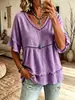Camiseta de punto calado con cuello en V para mujer, camiseta de manga corta de encaje con flecos suelta de verano, top casual, ropa casual de verano europea y americana