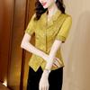 Camisa de Seda para Mujer de Manga Corta de Verano Nuevo Cuello de Traje Camisa de Satén Chic Francés Delgado Delgado Top Bordado