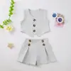 26 Estilos de Conjuntos de Coletes Cinza de Algodão e Linho de Alta Qualidade e Bermudas da Moda para Bebês Meninas, Atacado de Fabricantes