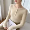 Suéter de Cashmere Gola Redonda para Mulheres 100% Cashmere Puro Meio Botão Falso Duas Peças Cor Contrastante Slimming Look Suéter de Malha para Usar por Baixo