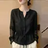 Camisa de luxo sob medida estilo francês de manga longa para mulheres, nova coleção de outono, moderna e chique, acinturada, modeladora, com detalhe de laço, adequada para o trabalho