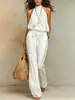 2026 Nuevo Mono Bohemio de Estilo Europeo y Americano con Cuello Halter para Mujer, Algodón y Nailon, Cintura de Corbata, Pierna Ancha, Vacaciones, Sin Mangas, Pantalón Largo