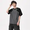 Camiseta leanfit de diseño deconstruido con manga raglán, de manga corta, unisex, verano, estilo americano de alta calle, color block, manga corta