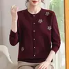 Suéter bordado color vino estilo casual para mediana edad, jersey estampado de manga larga, nuevo estilo otoño e invierno, prenda base para madre