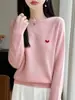 Suéter de Lã Pura Tricotado Feminino Outono Inverno Novo Estilo Macio Confortável Solto Manga Longa Casual Bordado Coração Vermelho Camada Base Tendência