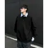 Sudadera con cuello de camisa de dos piezas falsas estilo retro americano simple Gehua para hombre, otoño, holgada, casual, estilo preppy, top de manga larga