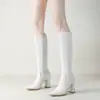 Botas de Couro de Cano Alto Femininas para Outono e Inverno Botas Martin Leves de Salto Alto Bico Fino Cor Sólida Solado Macio de Borracha Zíper Lateral Salto Quadrado